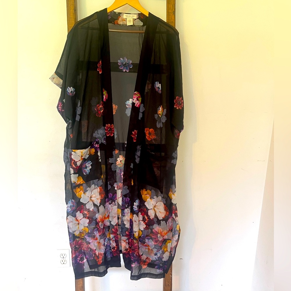 Rachel Zoe Open Front Kimono Robe Sheer Black Floral Short Sleeve Womens